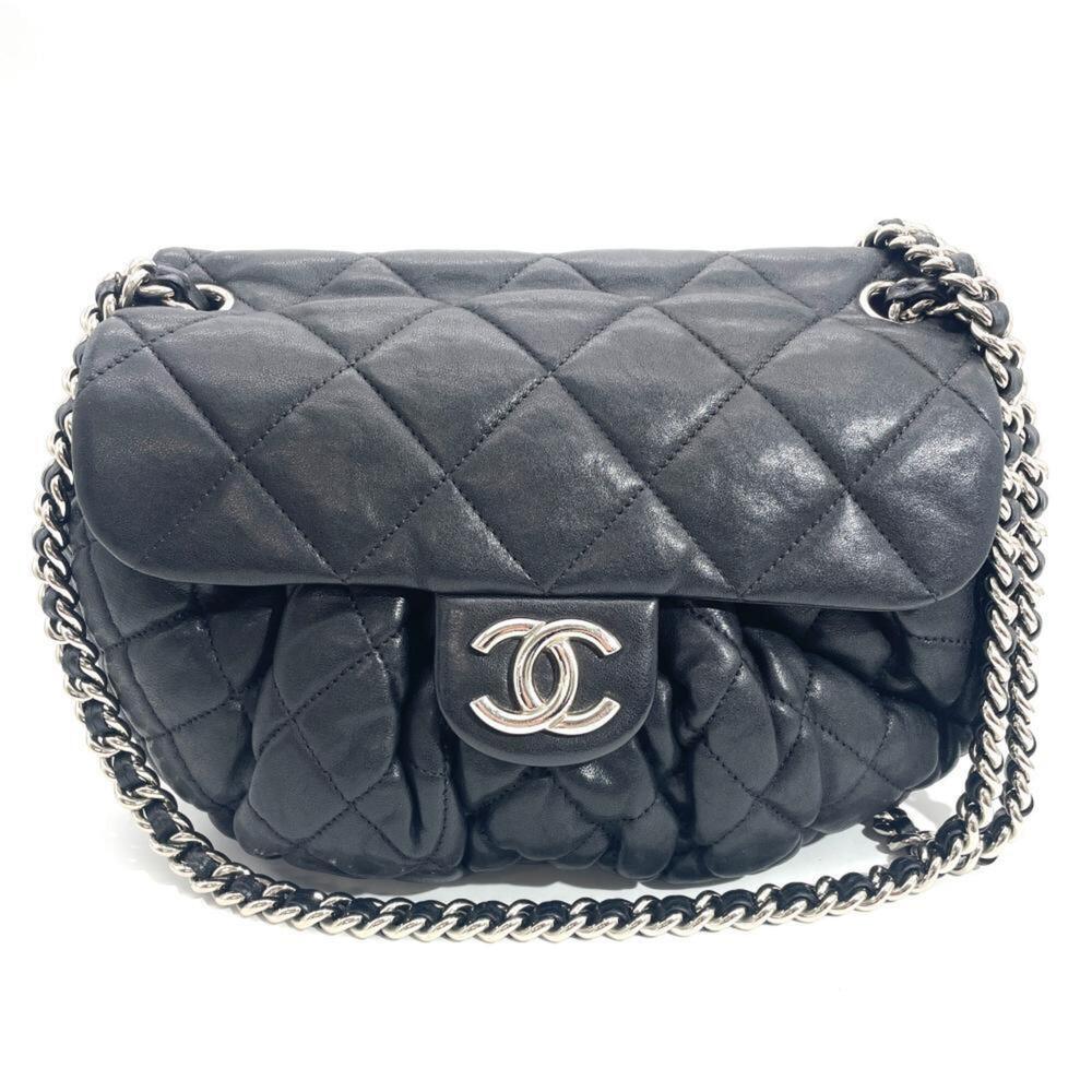 Chanel Matelassé Chain Around Shoulder Bag, Lambskin, A49889, Black, Silver H...
